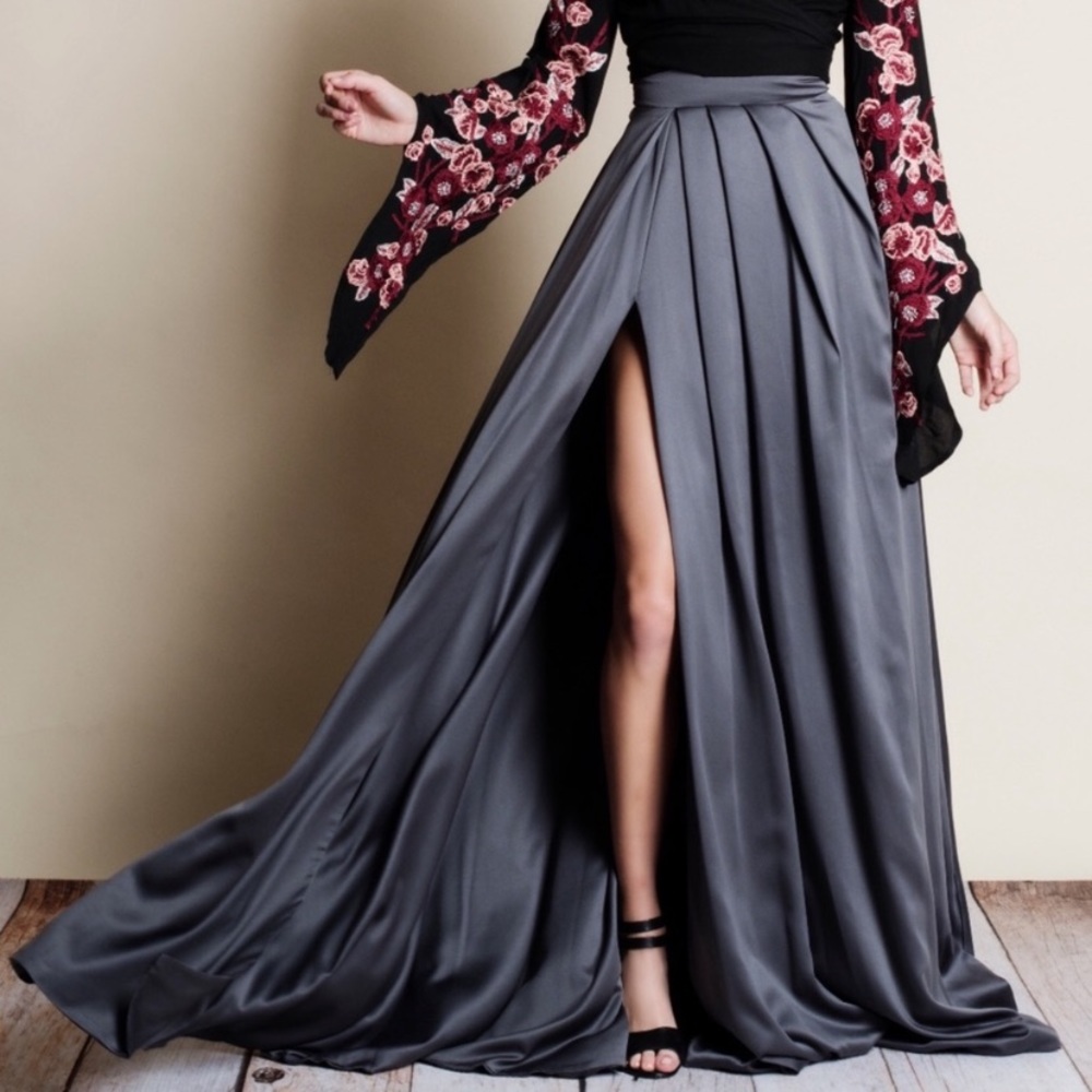 Beautiful Charcoal Gray Satin Silk Maxi Skirt